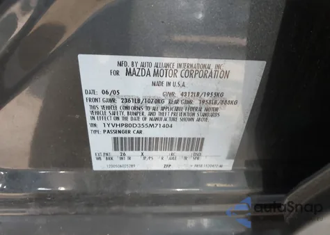 2005 Mazda Mazda6 S Grand Touring из США, поврежденный, VIN 1YVHP80D355M71404